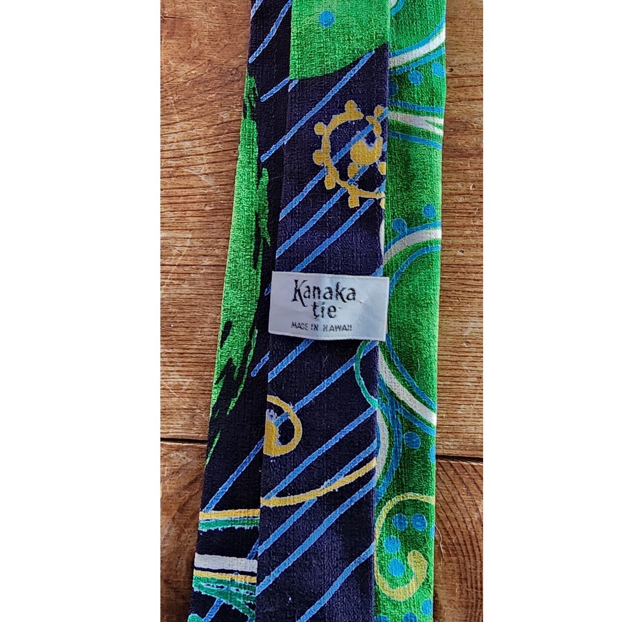 Vintage 50s Mens Tie Flat End Tiki Print Barkcloth Kanaka Hawaii Green Blue