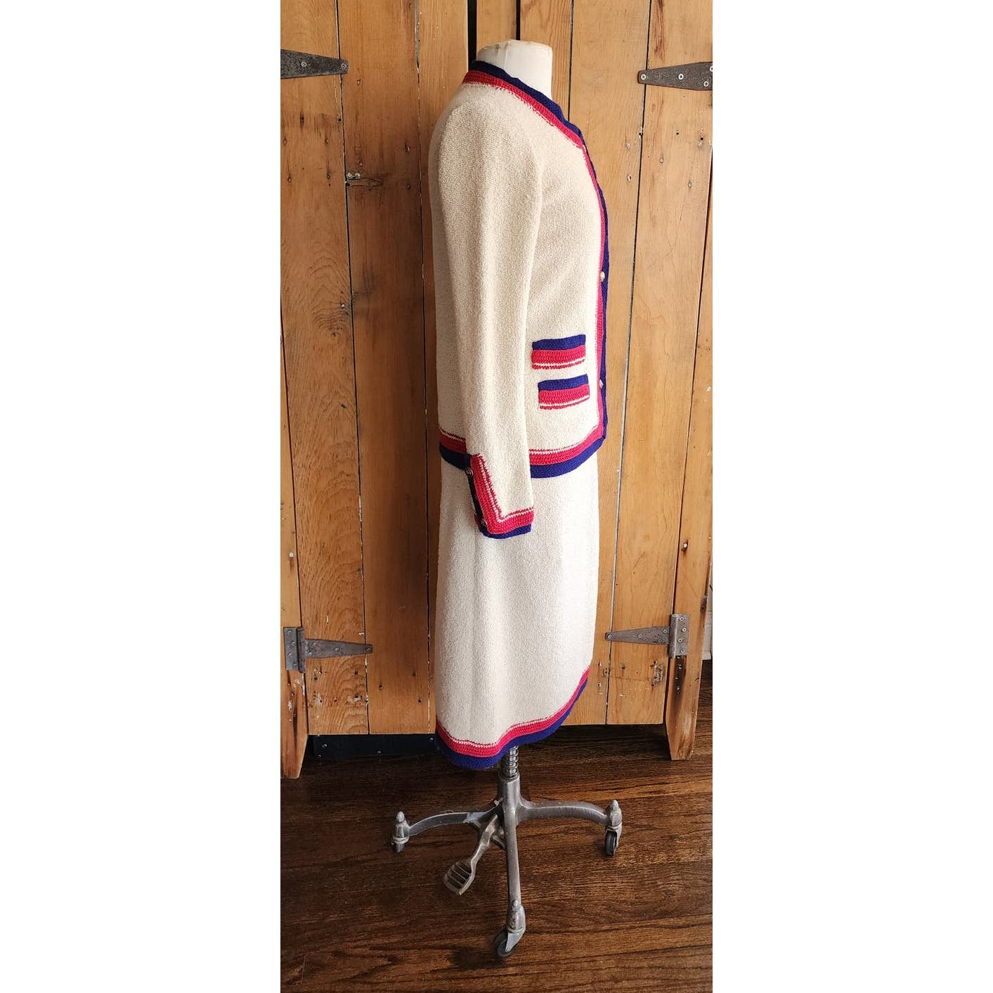 Vintage 60s Adolfo Skirt Suit Cream Blue Red Knit in Chanel Style