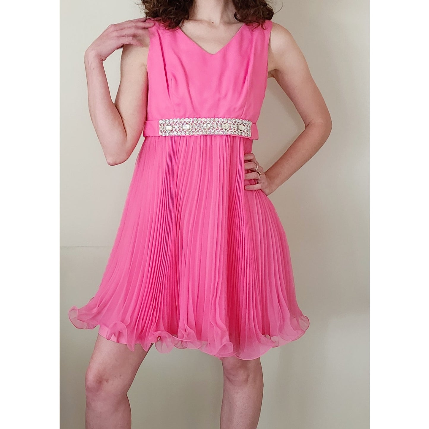 Vintage 60s Hot Pink Party Dress Pleated Skirt