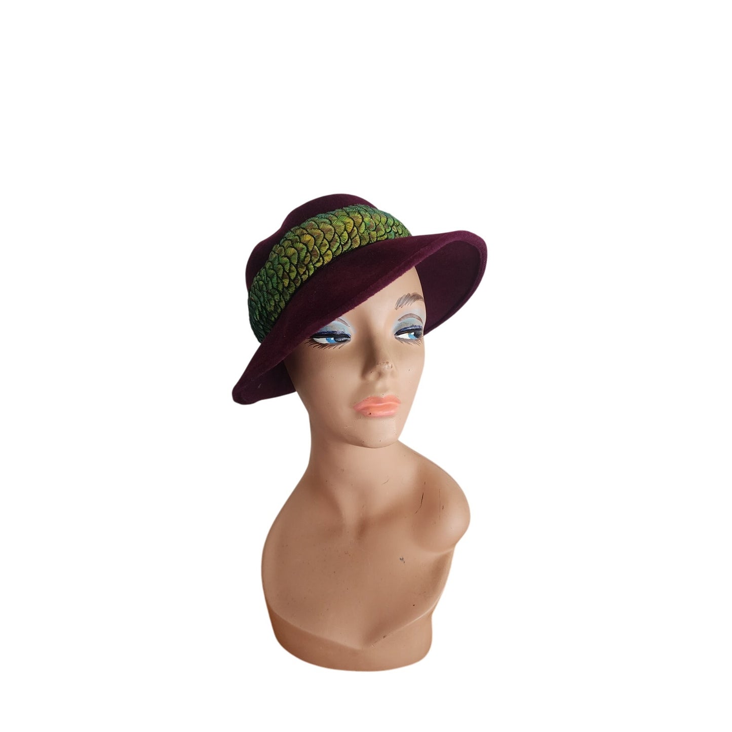 Vintage 60s Purple Velvet Hat Fedora w/Green Feathers by Paulette