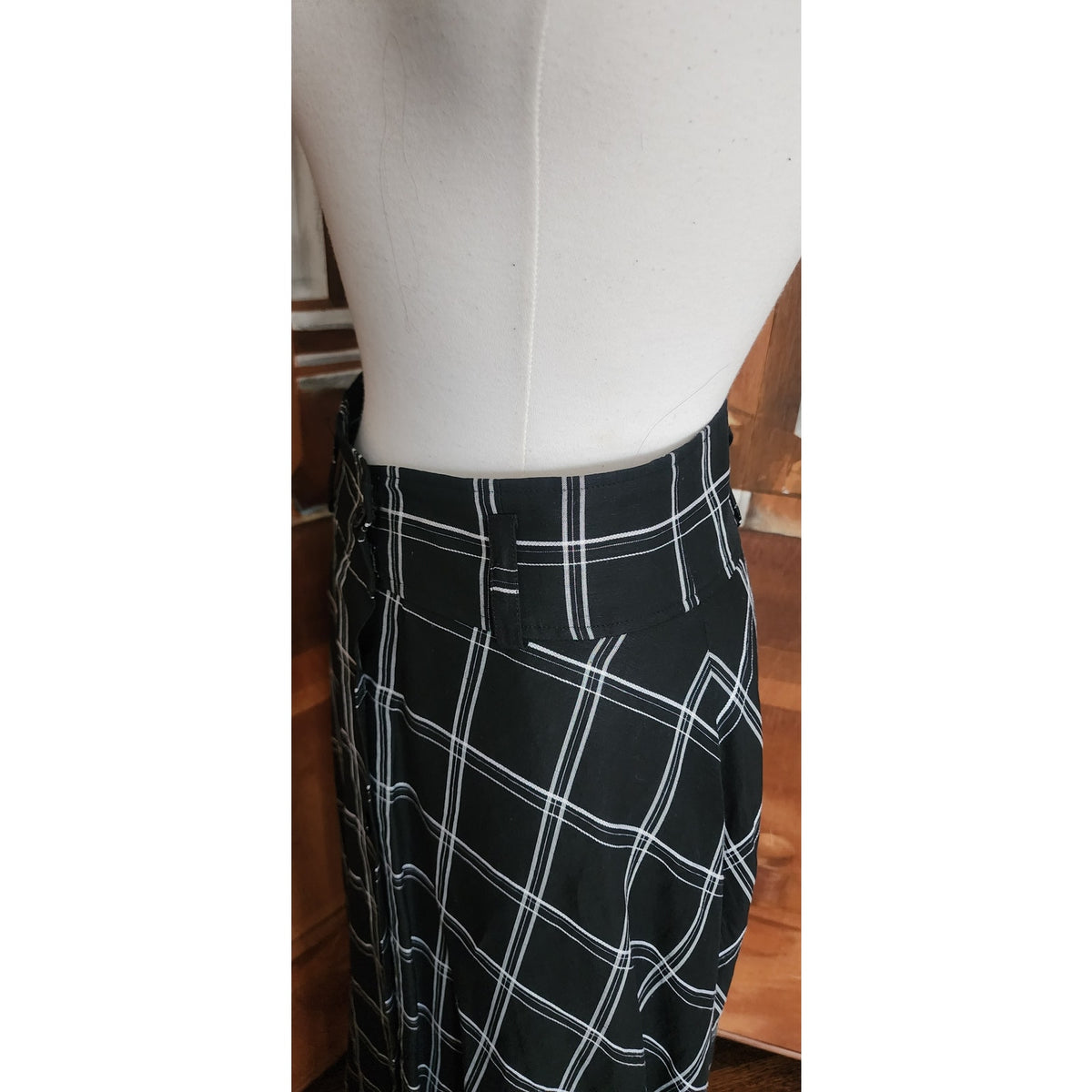 Vintage 1990s Anne Klein II Long Skirt Black Linen White Plaid Button Down / M