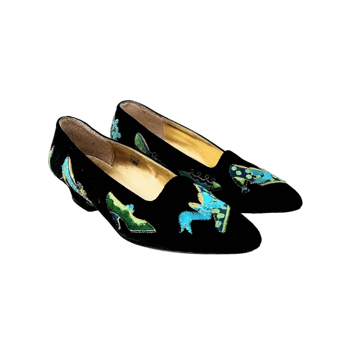 Vintage 90s Black Suede Pumps Green Shoes Embroidery J Renee 7.5