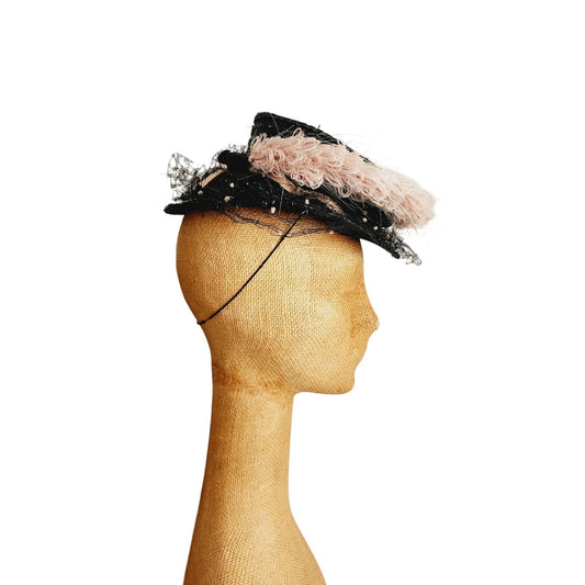 Vintage 1940s Tilt Top Boater Hat Black Straw & Pink Trim