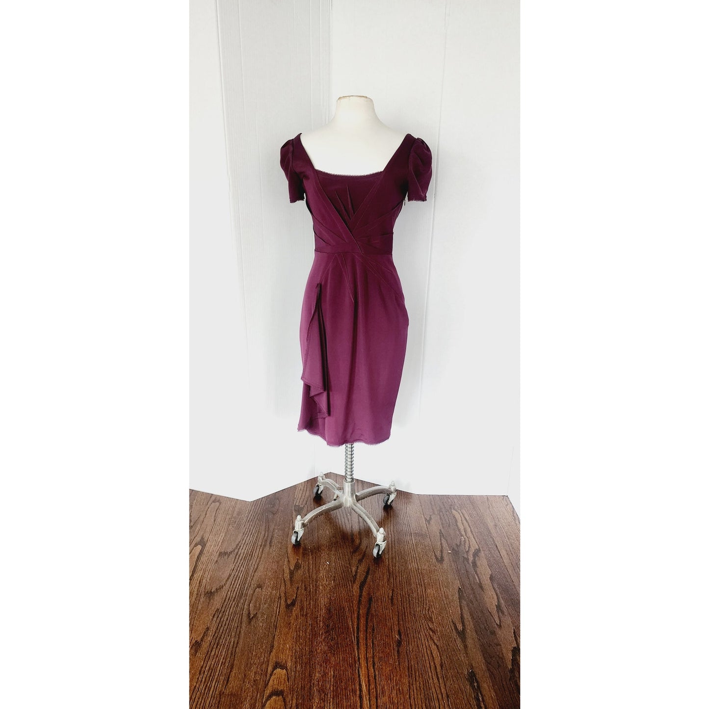 Vintage Y2K Zac Posen Dress Plum Purple with Side Waterfall Scarf NWT