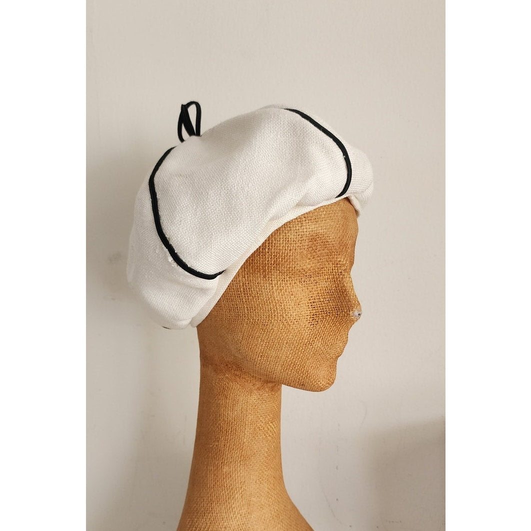 Vintage 60s White Tam Hat Black Seams