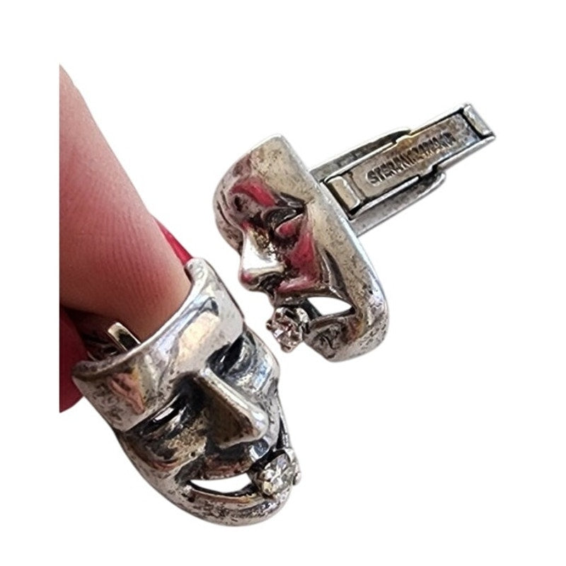 Vintage Sterling Silver Cufflinks w/Diamonds Comedy Tragedy Theater Masks