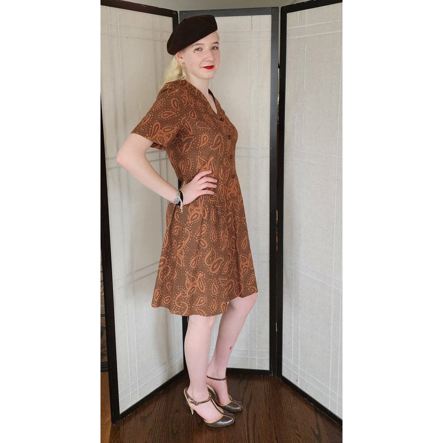 Vintage 60s Cotton Dress Brown Paisley Print Drop Waist