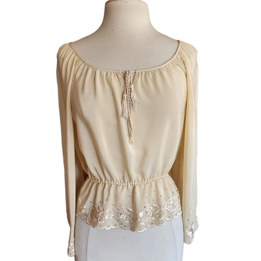 Vintage 70s Cream Silk Blouse Embroidered Eyelet Lace