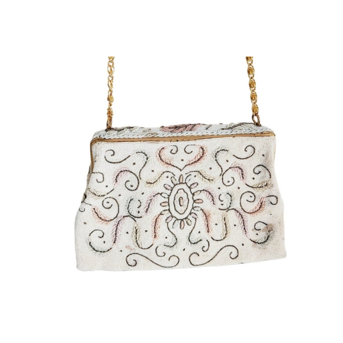 Vintage 50s Evening Bag in White Microbeads France Elaborate Scrollwork Octopus