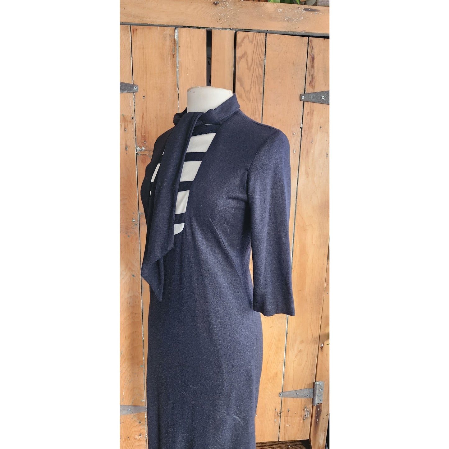 Vintage 1960s Mod Dress Black White Stripe Ascot Tie Stretchy / Medium