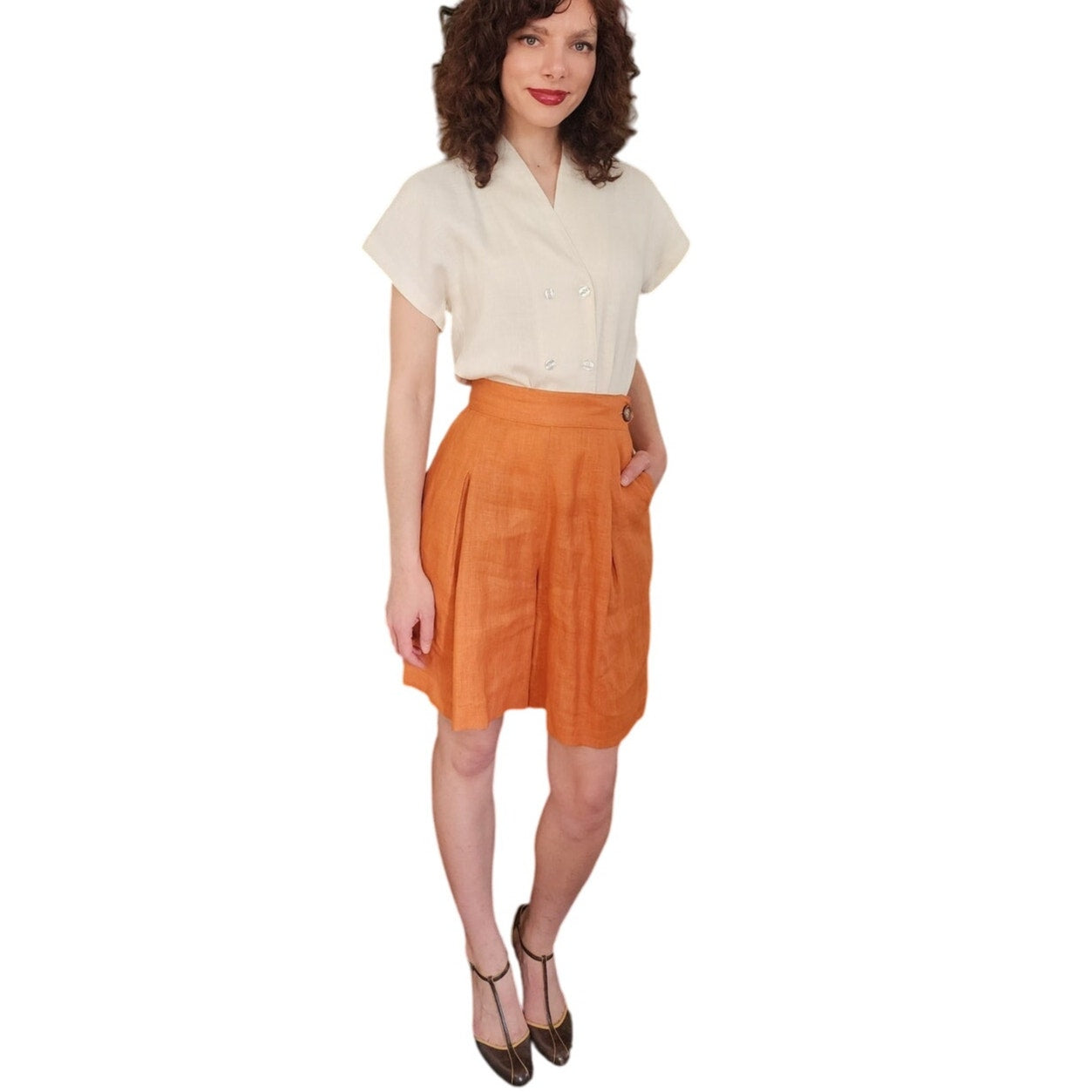 Vintage 80s Orange Linen Dress Shorts Pleated Front by Perlie / M