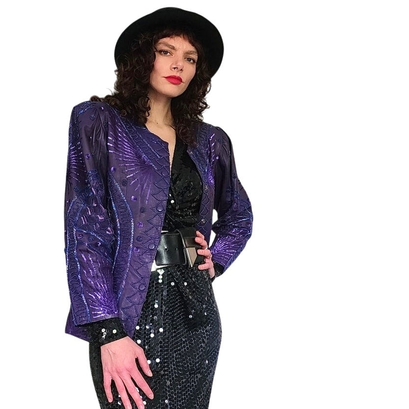 Vintage 80s Purple Leather Blazer Beaded Sequined Jacket French Collizioni / M