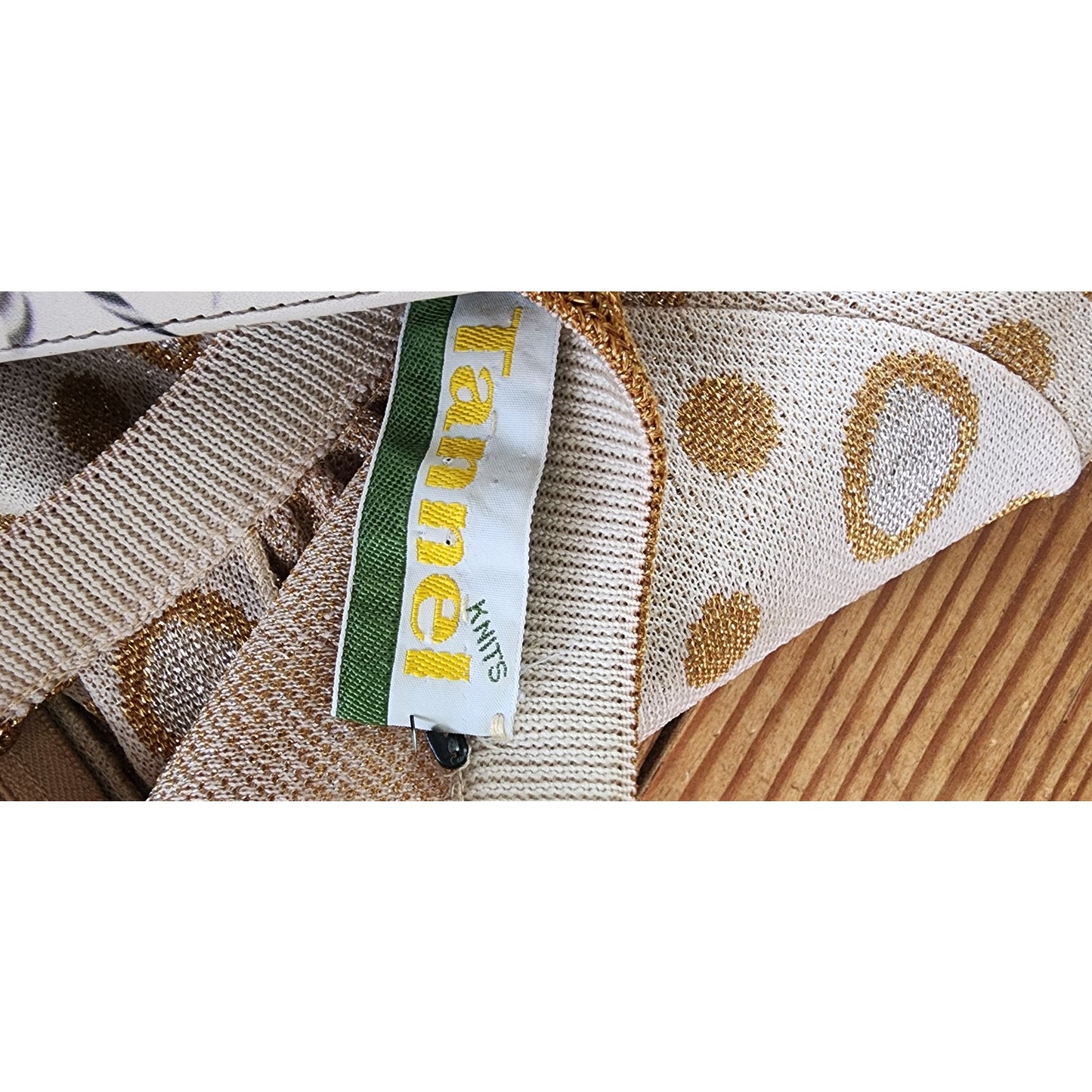 Vintage 60s Metallic Print Dress Beige Gold Tannel Knits / M