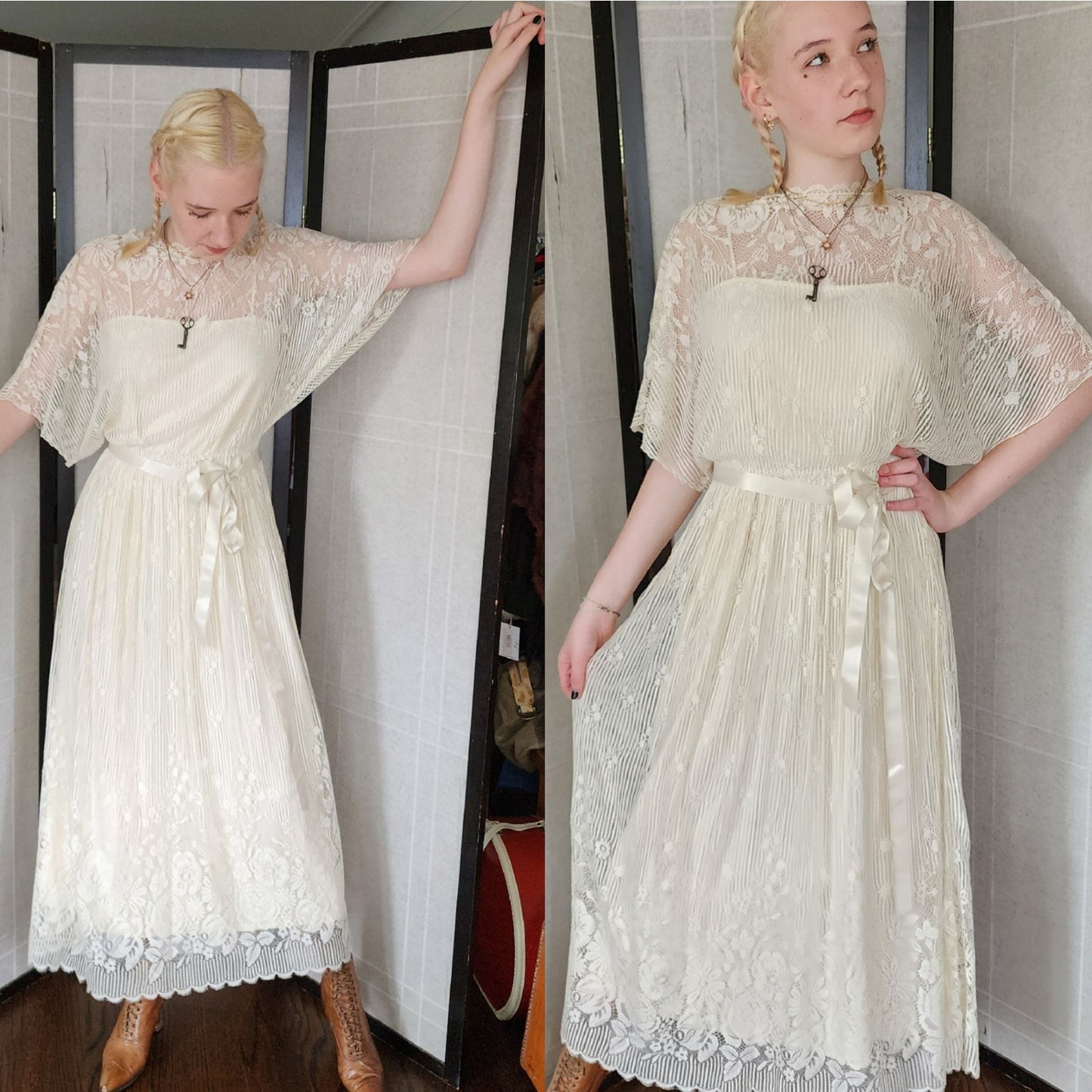 Vintage 70s Cream Lace Dress Elastic Waist Boho Bride
