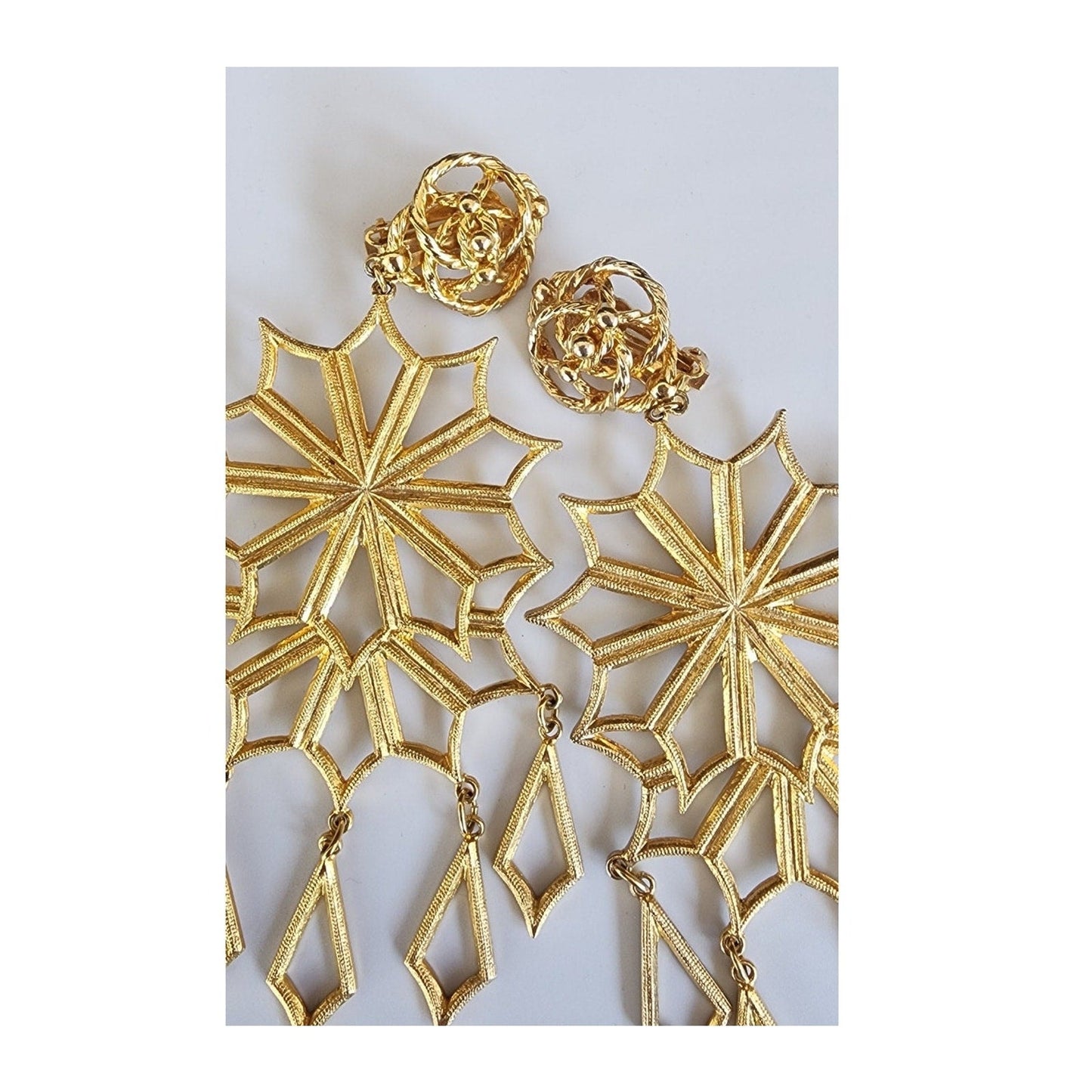 Vintage 1980s Oversized Earrings Gold Snowflake Starbursts