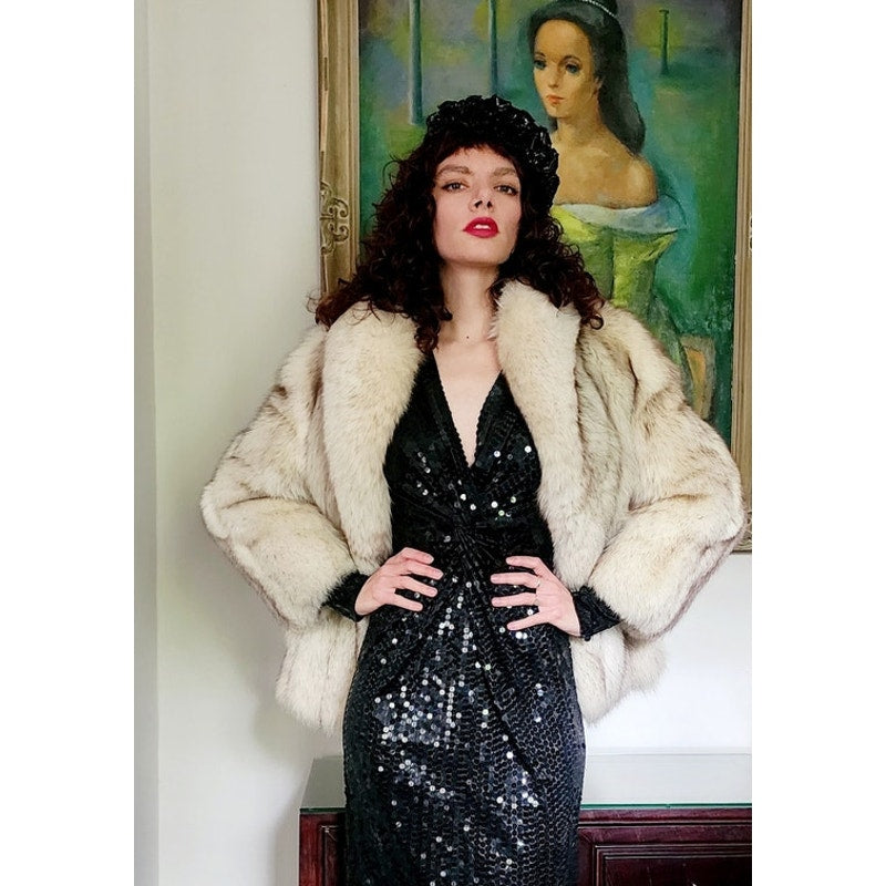 Vintage 70s Silver Fox Fur Jacket Large Collar