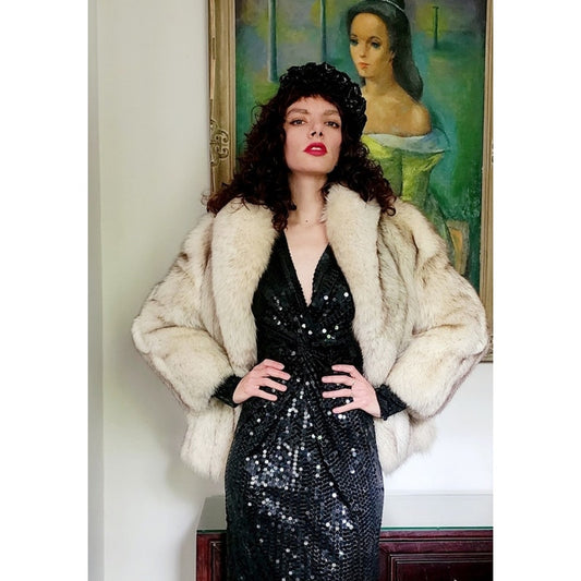 Vintage 70s Silver Fox Fur Jacket Large Collar