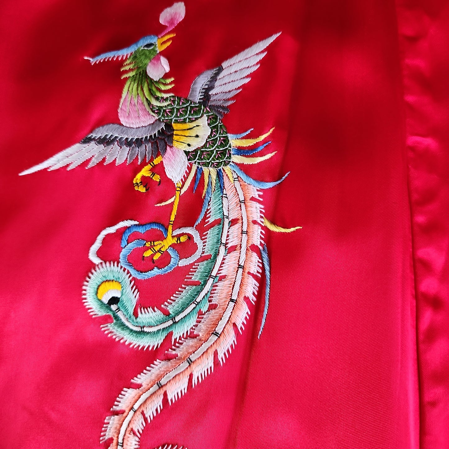 60s Chinese Silk Robe Red Embroidered Golden Bee