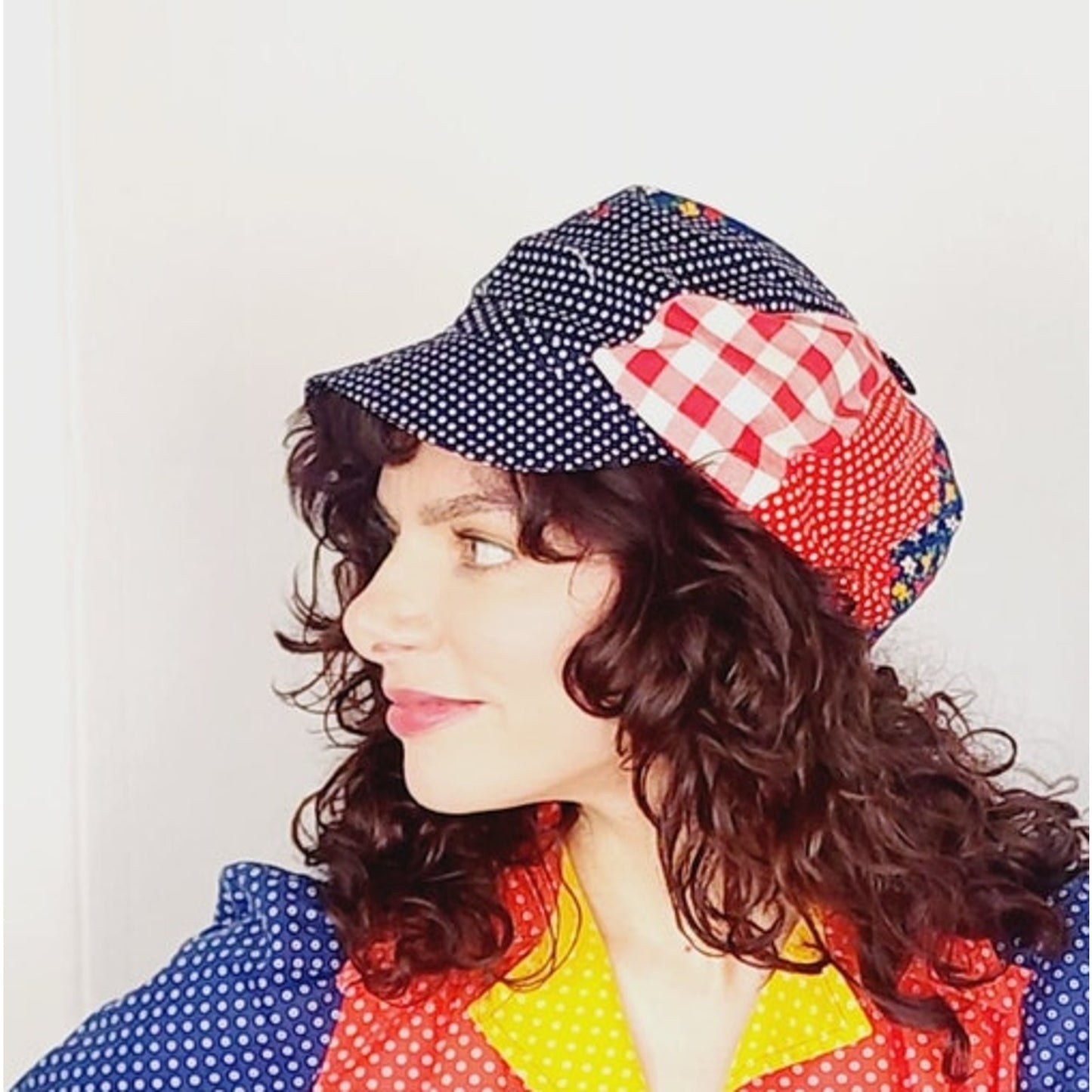 Vintage 70s Patchwork Quilt Hat Newsboy Hat Gingham Print Boho