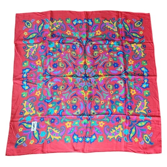 Vintage YSL Silkprint Scarf Large Square Multicolored Red Floral Mandala