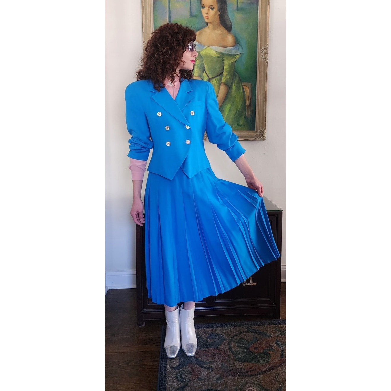 Vintage 80s Christian Dior Skirt Suit Turquoise Blue Wool Pleated Skirt / M