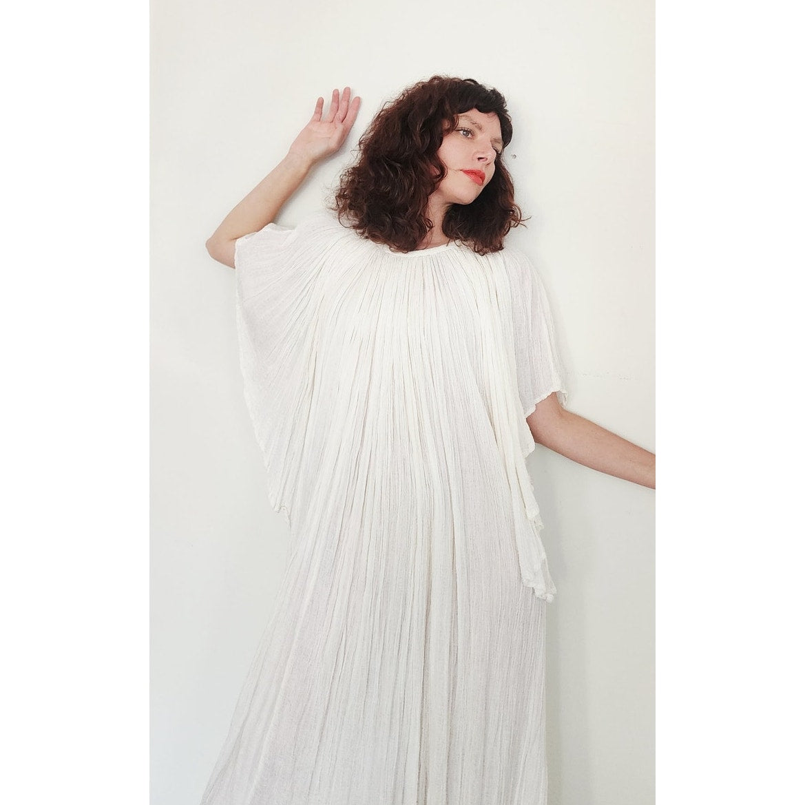 Vintage 1970s Amerikan Climax Tent Dress White Cotton Gauze Angel Butterfly Sleeves