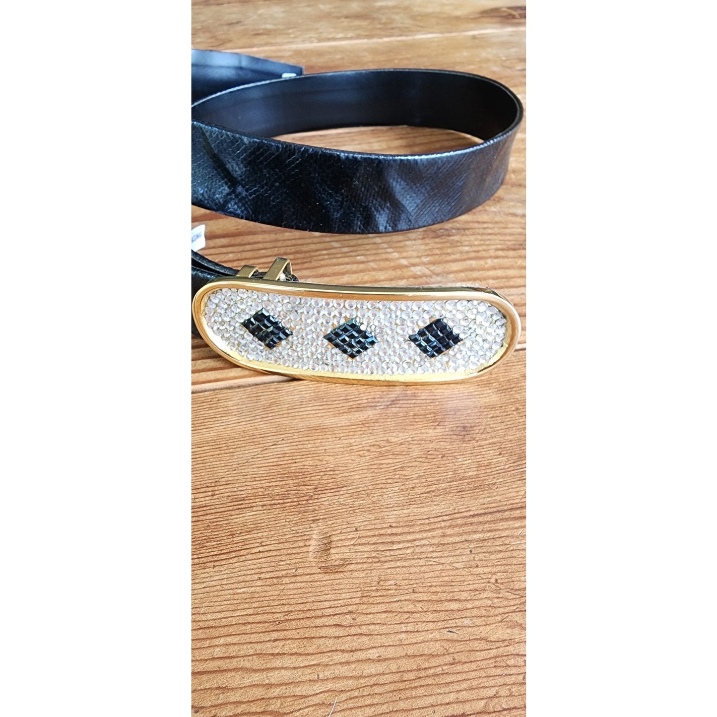 Vintage 80s Belt Rhinestone Buckle Black Leather /