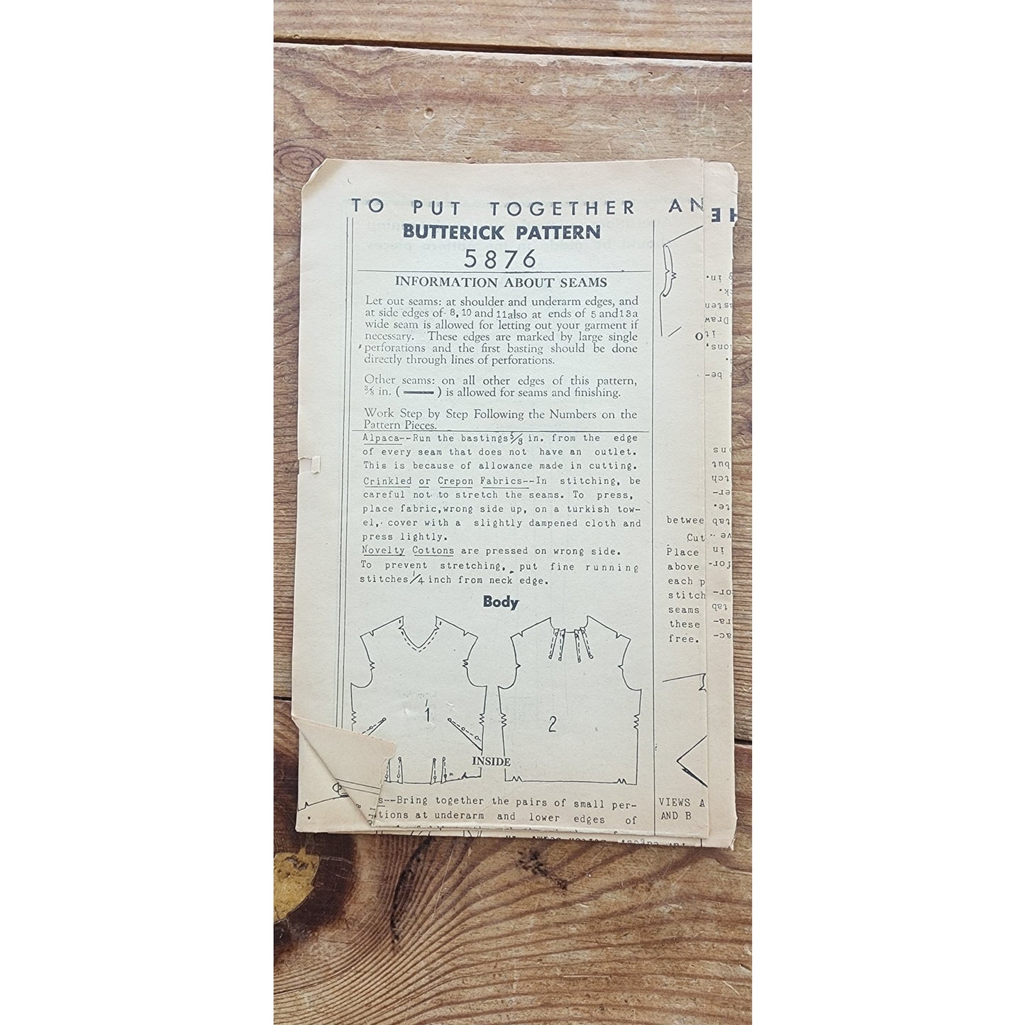 Vintage 1930s ORIGINAL Dress Sewing Pattern: Belted Day Dress Frock Butterick 5876