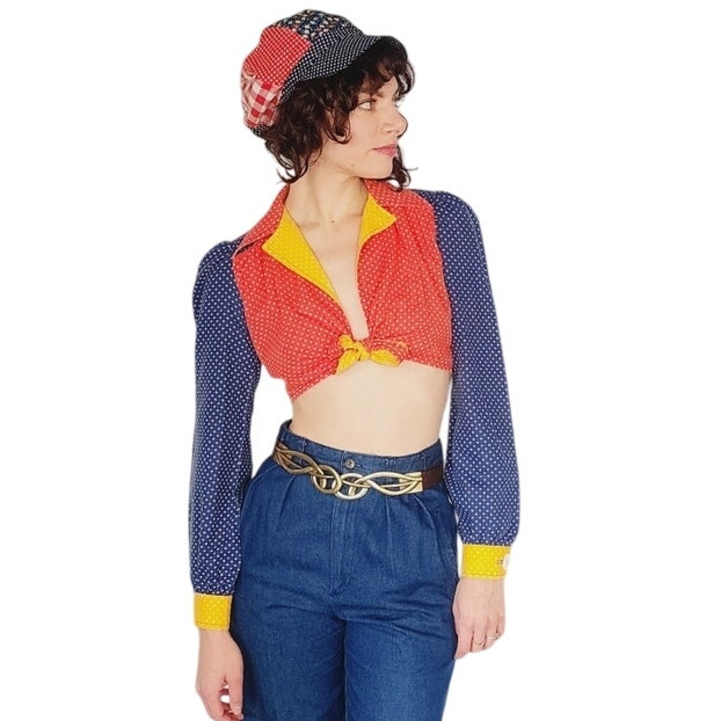 Vintage 70s Crop Top Tie Front Gingham Colorblock Hippie Boho Sweet Baby Jane