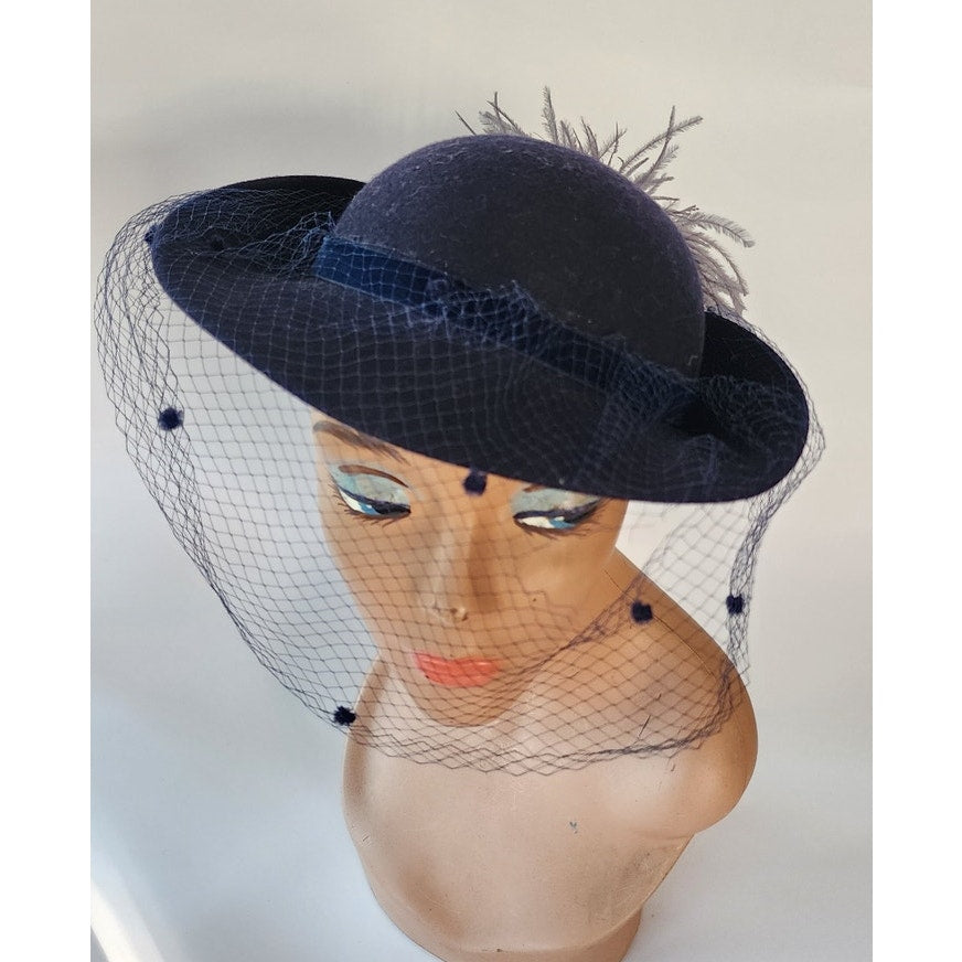 Vintage 70s Feather Hat Navy Blue Wool by Georgi