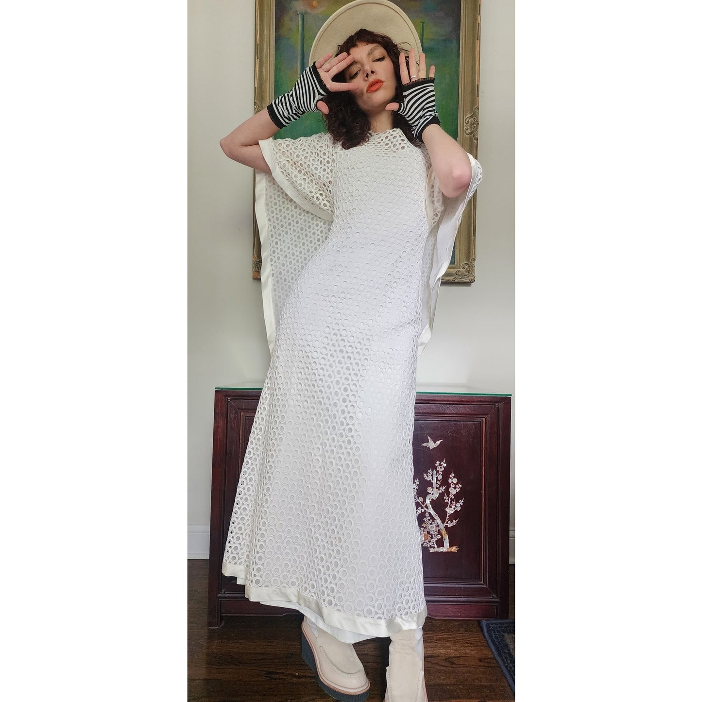 Vintage 70s White Maxi Dress Openwork Crochet Bridal Dress w/Capelet
