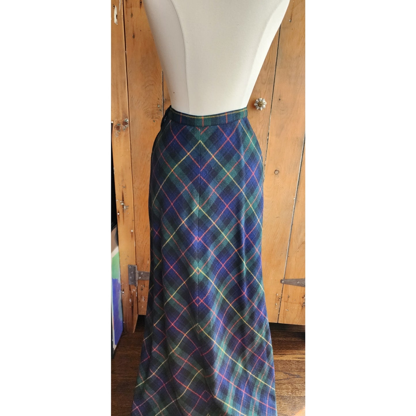 Vintage 70s Long Skirt Green Wool Plaid Prestige of Boston