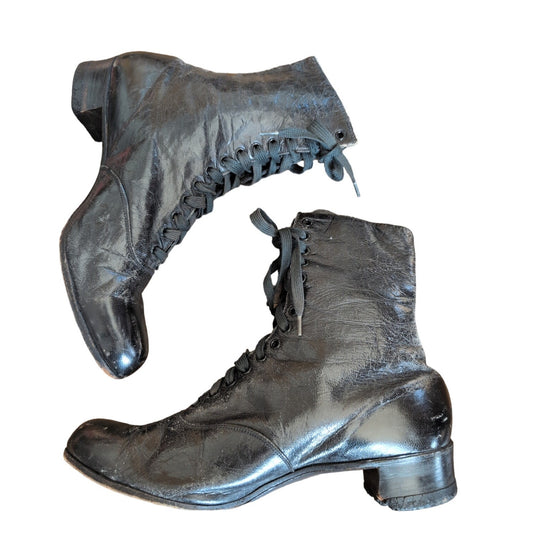 Antique Lace Up Ankle Boots Black Leather Vintage Granny  / 6.5