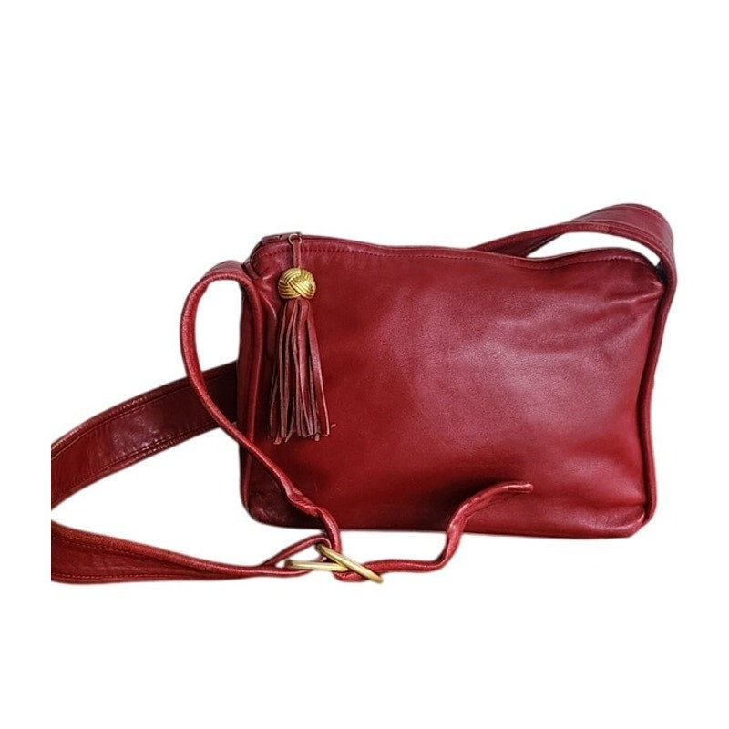 80s Red Leather Shoulder Bag Anne Klein Gold Tassel
