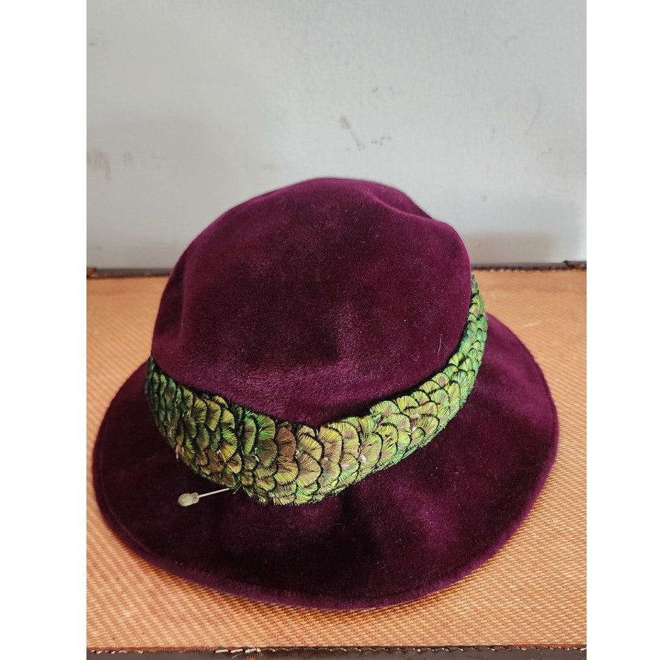 Vintage 60s Purple Velvet Hat Fedora w/Green Feathers by Paulette