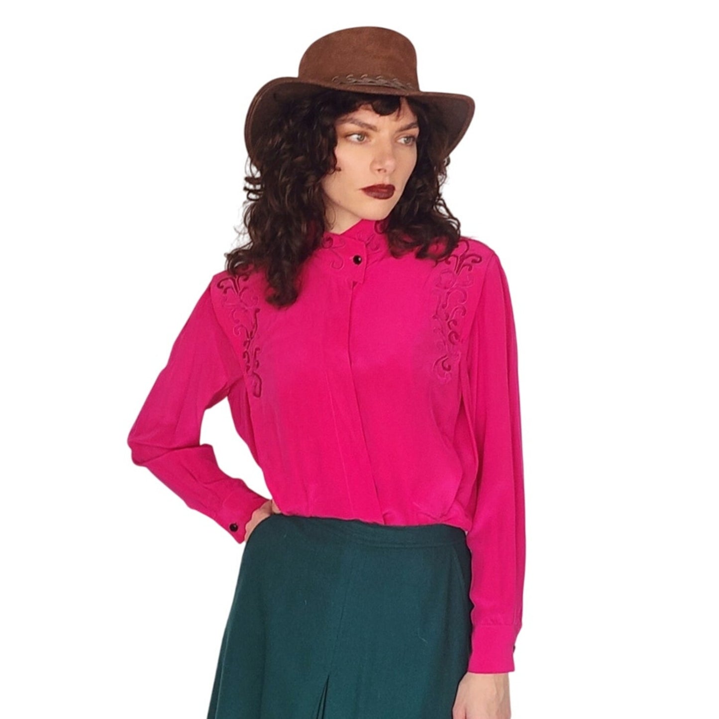 Vintage 80s Fuschia Pink Silk Blouse w/Embroidery Paul Alexander