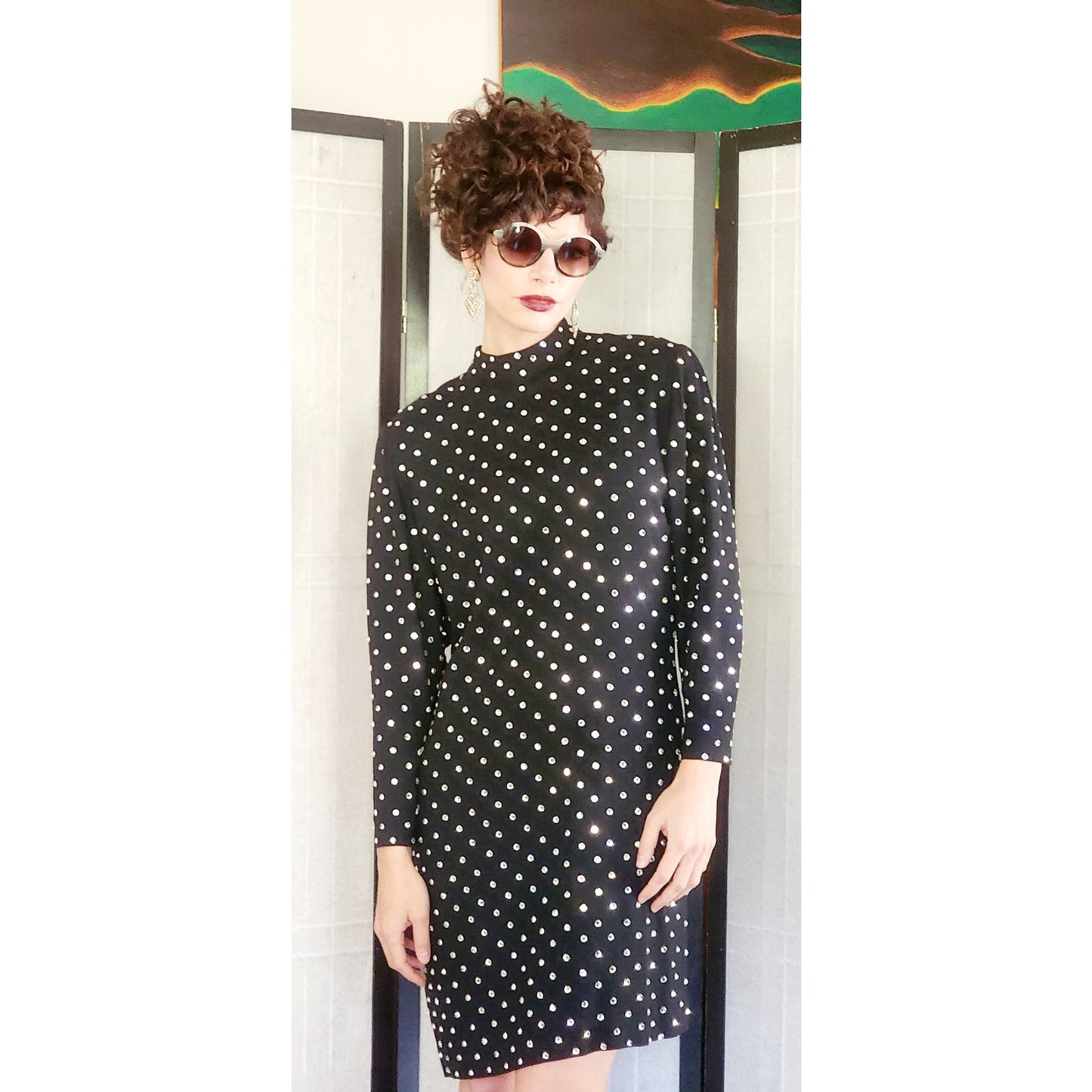Vintage 80s Rhinestone Beaded Dress Black Long Sleeves by Richilene / M