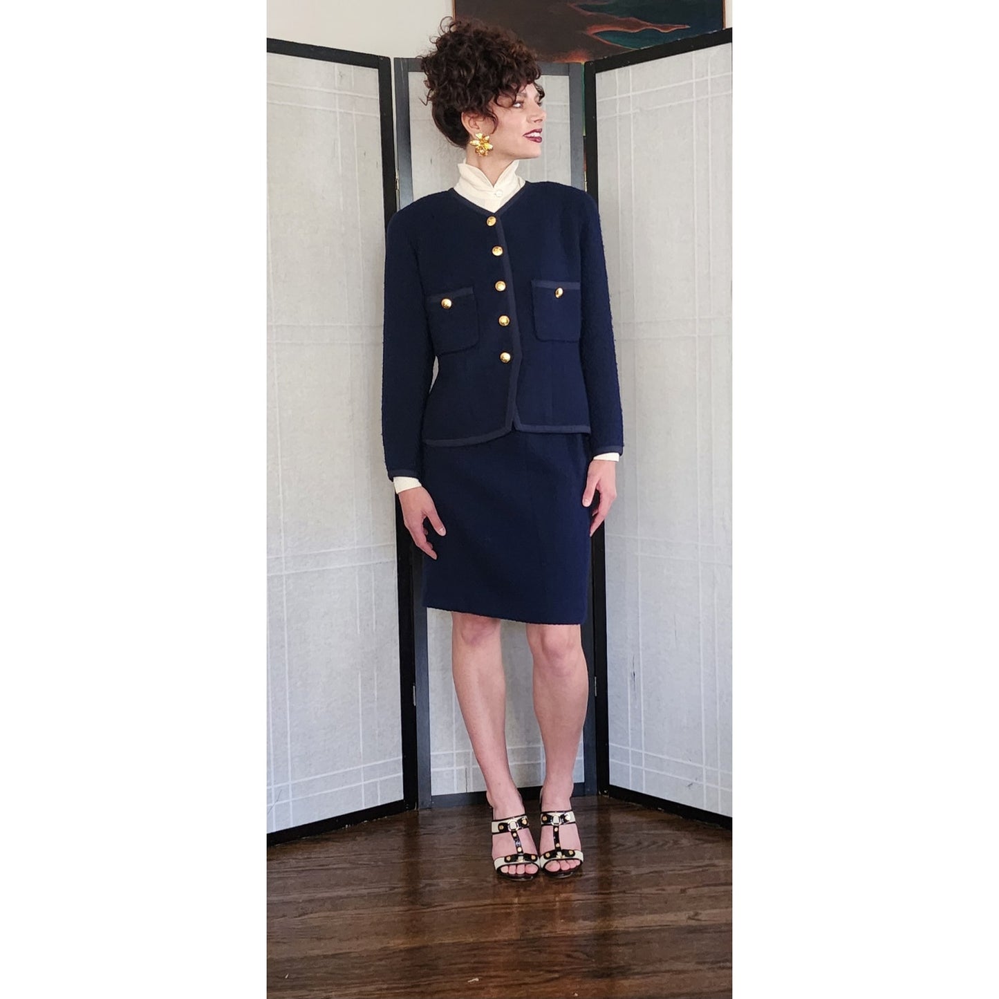 80s Chanel Skirt Suit Navy Blue Wool Boucle Gold Buttons
