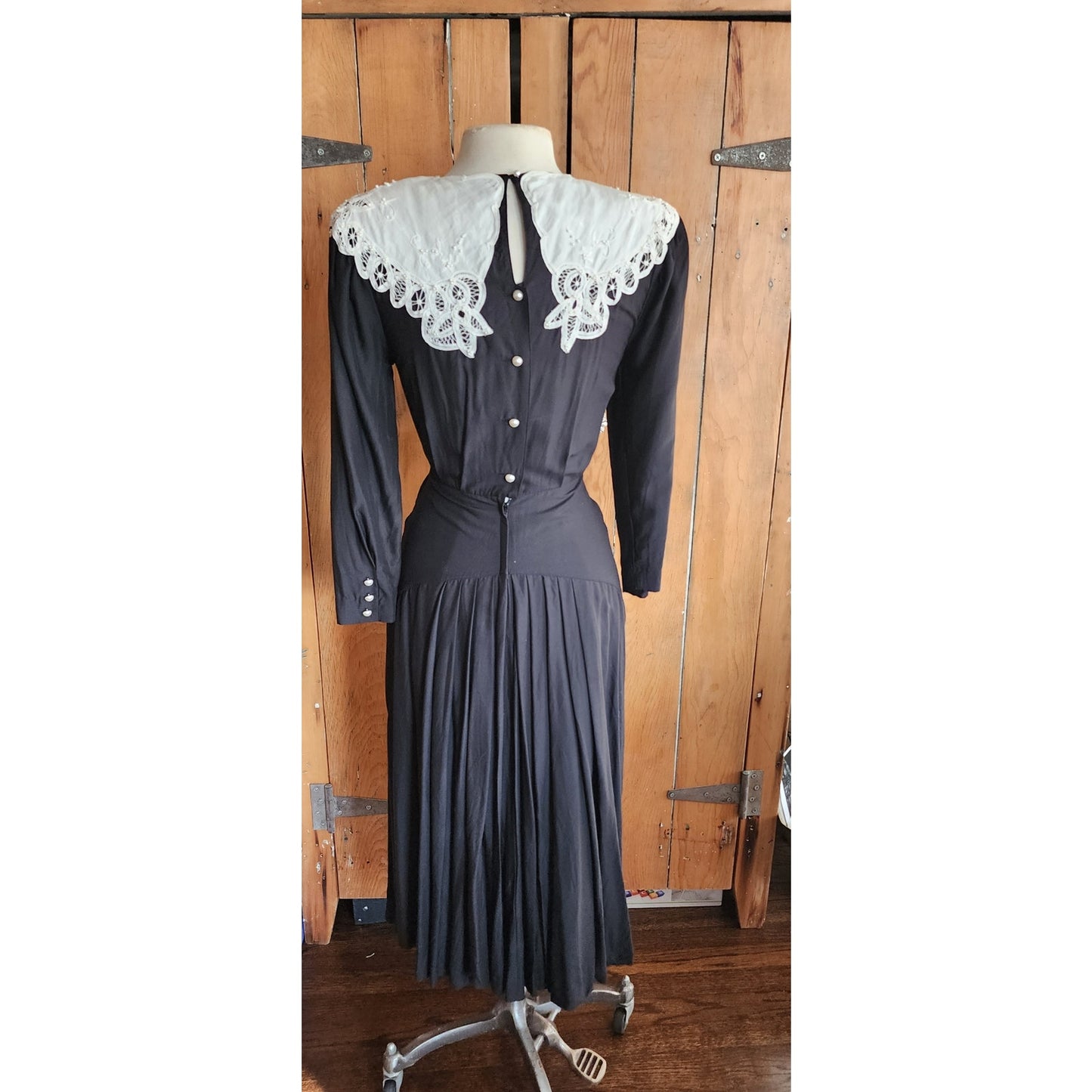 Vintage 80s Black Dress Lace Collar Neo Edwardian