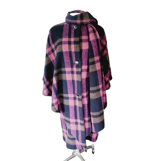Vintage 90s Purple Wool Plaid Poncho Cloak Coat w/Scarf