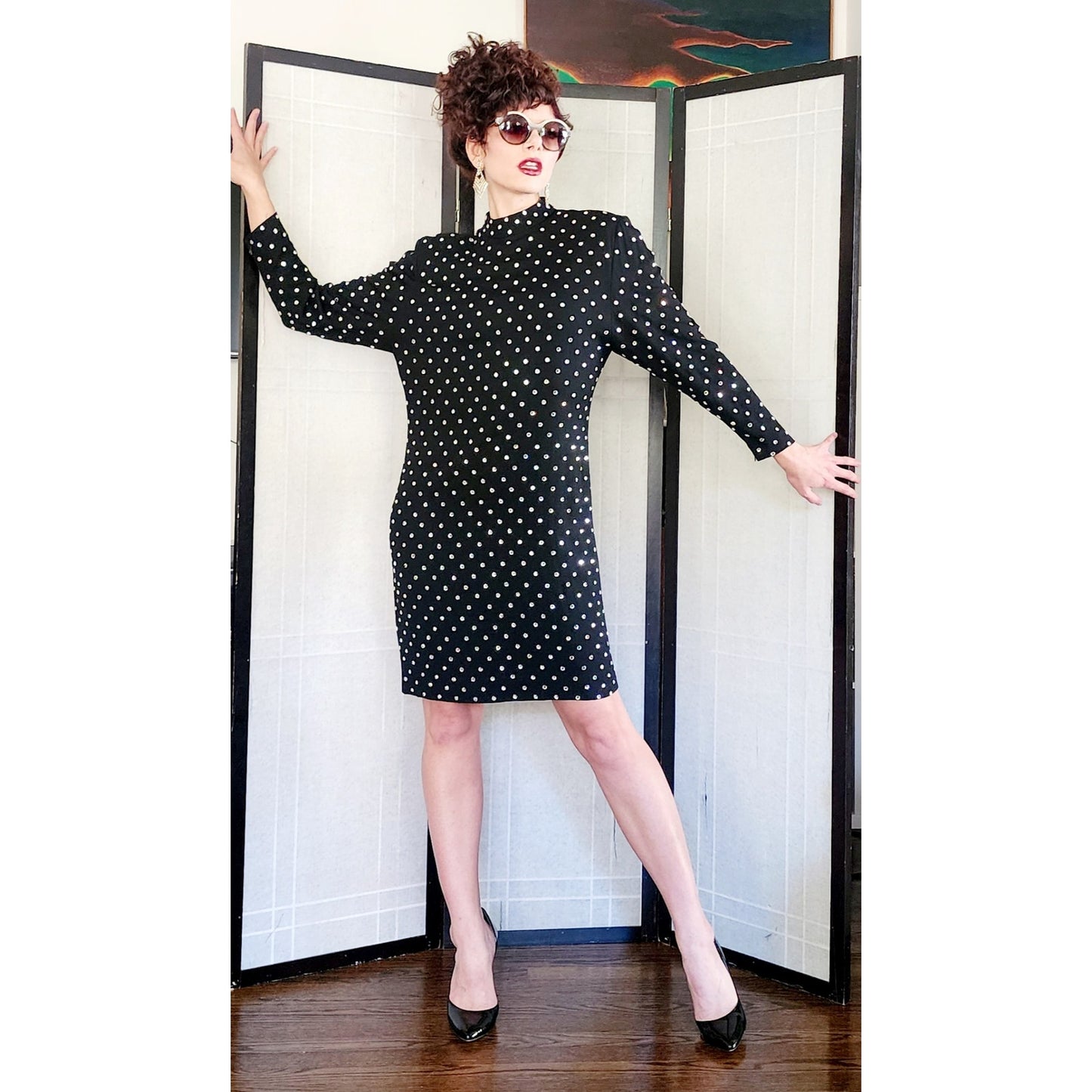 Vintage 80s Rhinestone Beaded Dress Black Long Sleeves by Richilene / M