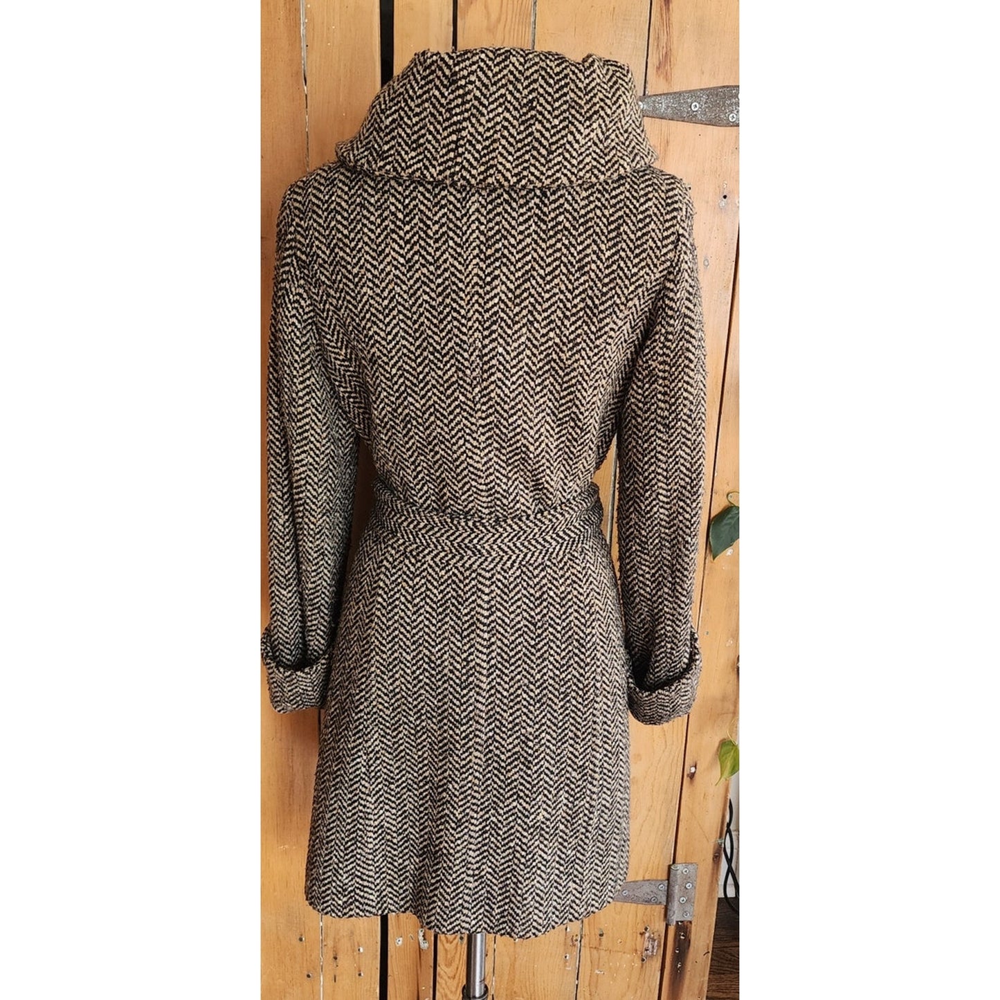Vintage Y2K Houndstooth Coat Gray Herringbone Wool Large Collar Ellen Tracy / M