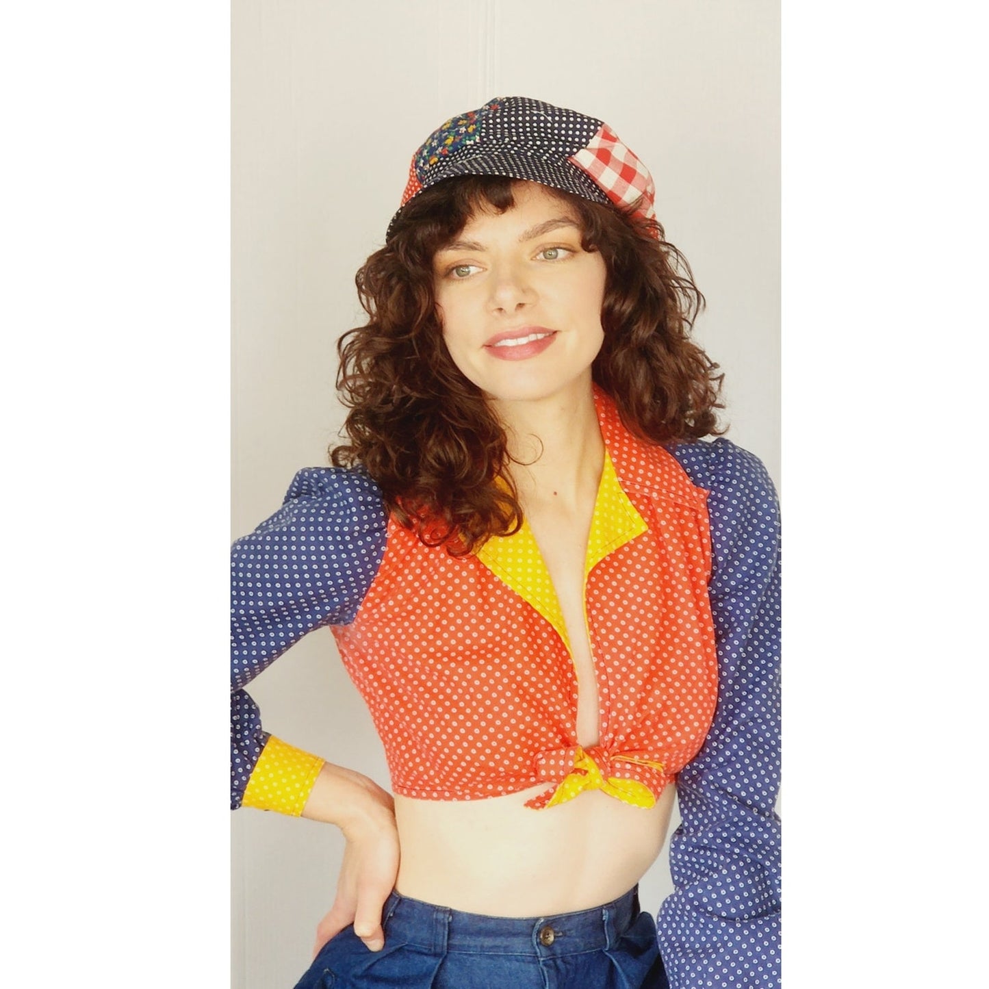 Vintage 70s Crop Top Tie Front Gingham Colorblock Hippie Boho Sweet Baby Jane