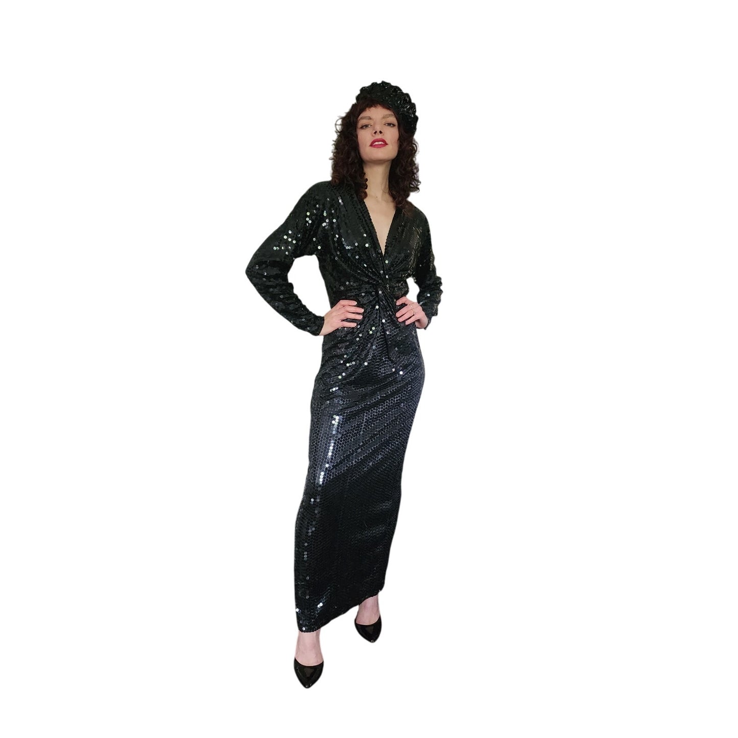 Vintage 80s Black Sequined Evening Dress Oleg Cassini / M
