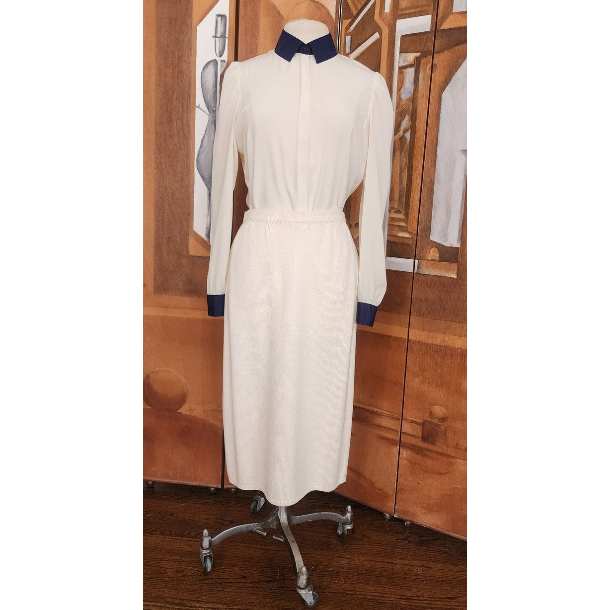 Vintage 70s St John Knit Skirt Suit + Blouse Three Piece Set Cream Navy Blue