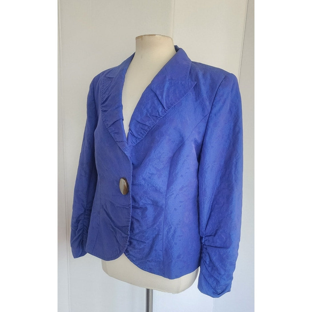 Vintage Escada Blue Blazer Printed Silk w/Agate Stone Button / L