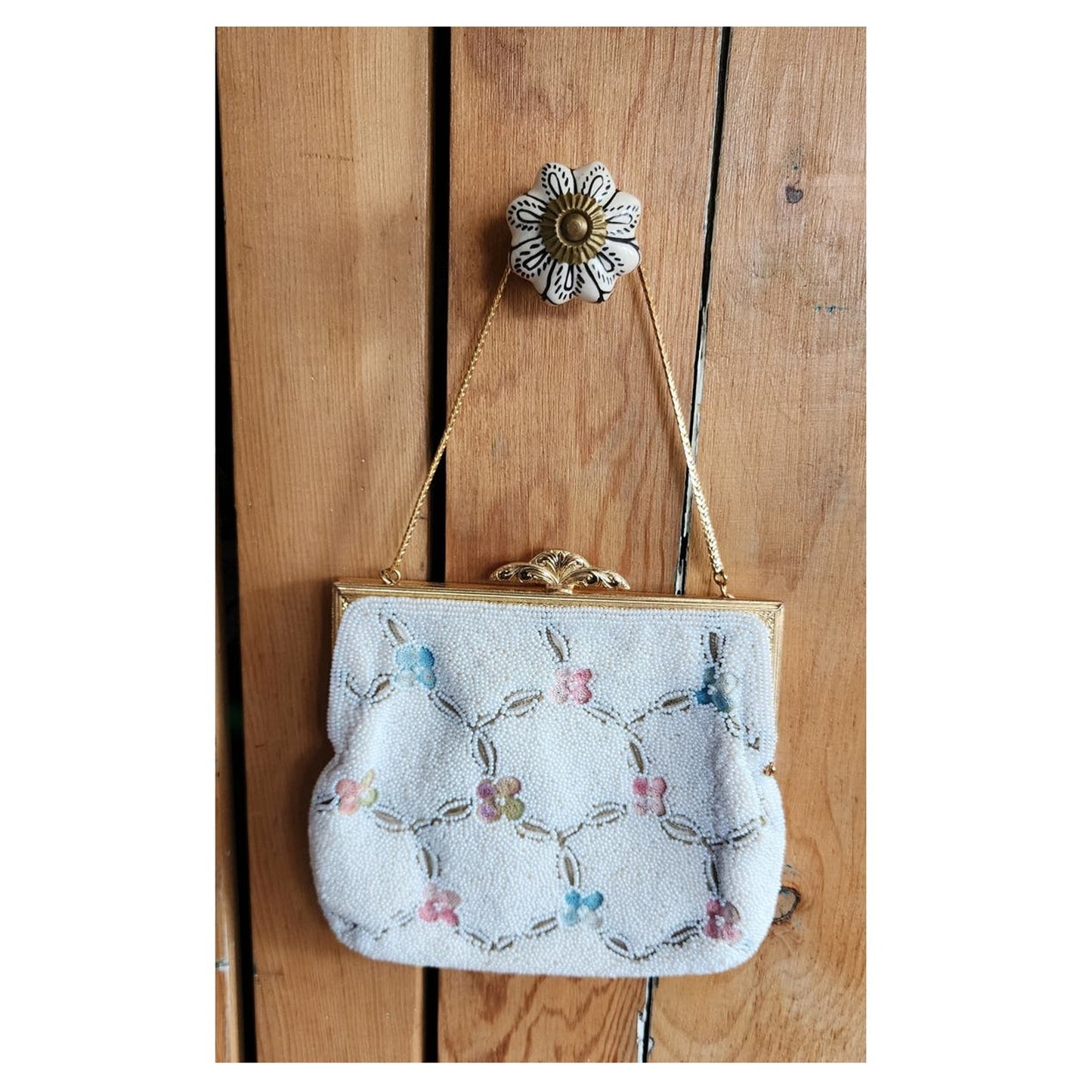 Vintage 50s Evening Bag White Beads Floral Embroidery Walborg