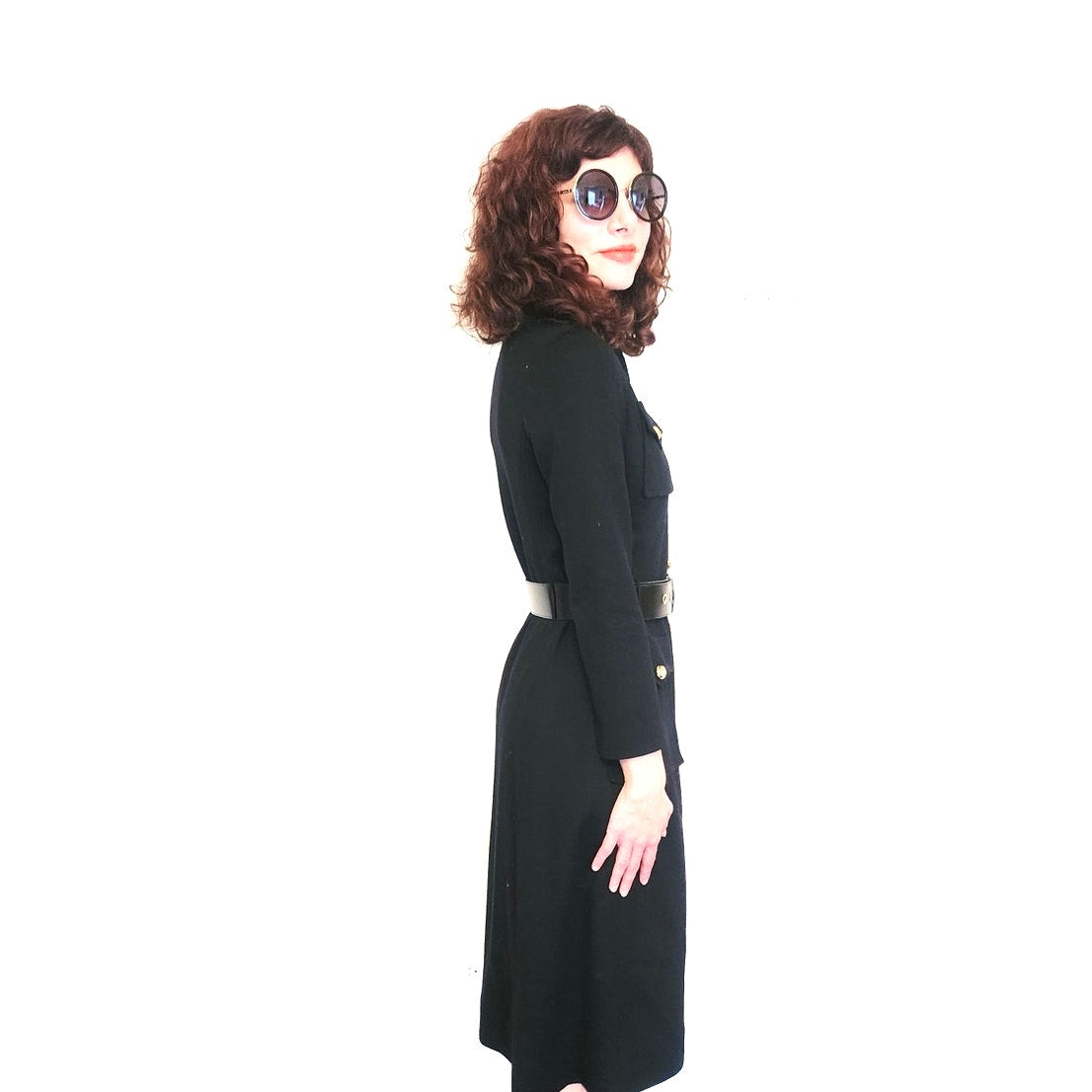 Vintage 1960s Dress Black Knit Wool + Gold Buttons, Belted by Gibi Italy