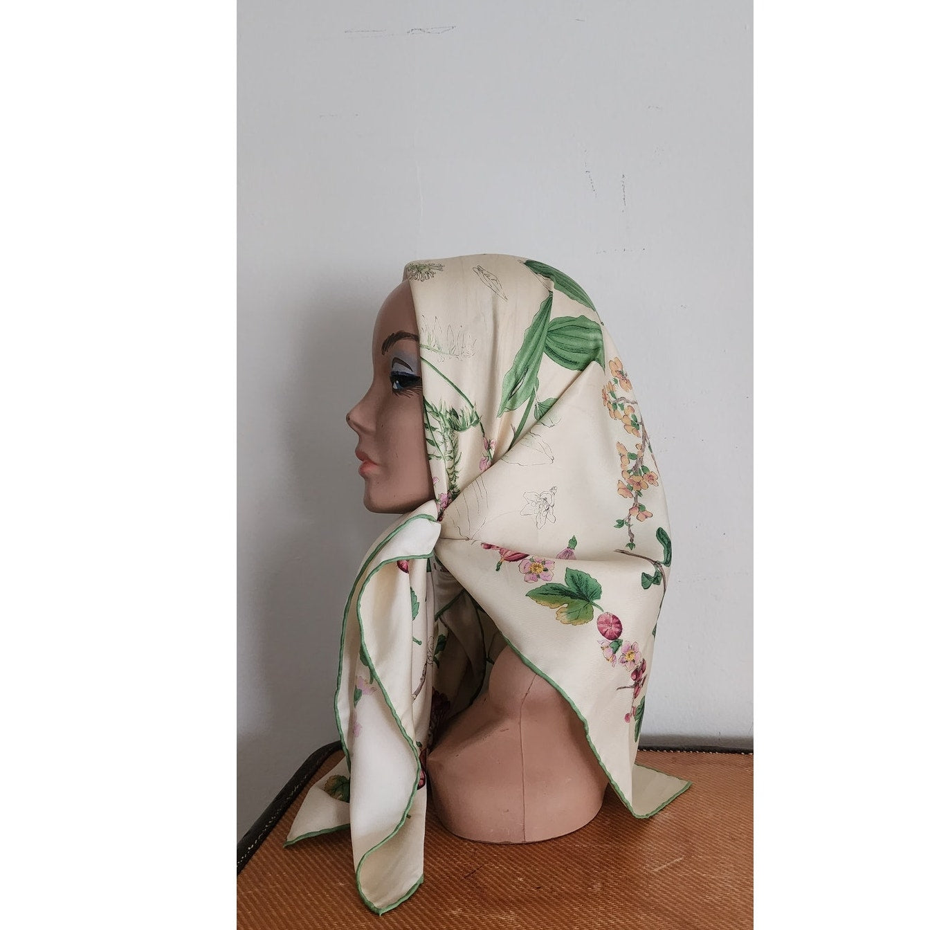 Vintage Tiffany & Co. Scarf Silk Square Botanical Floral Theme Green Cream