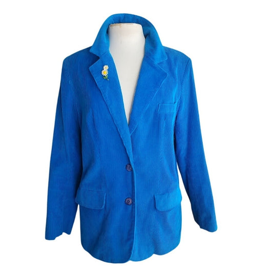 Vintage 80s Blue Corduroy Blazer w/Enamel Pin